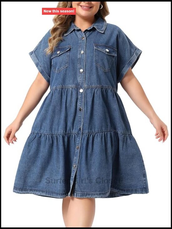 Dresses & Skirts - Plus Size Denim Babydoll Dress Button Down Short Sleeve Tiered Pockets Casual